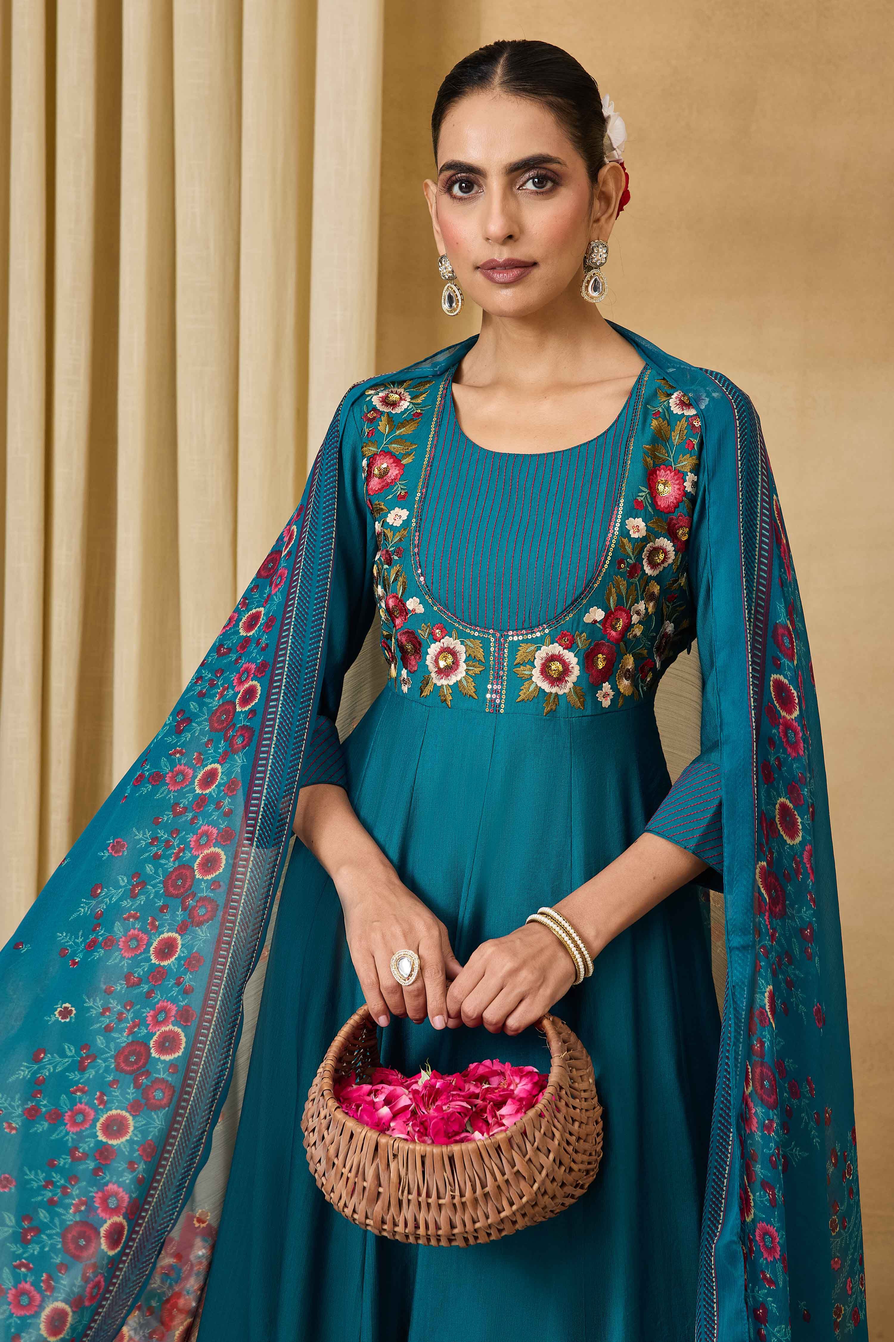 Teal Viscose Blend Kalidar Solid Suit Set image number 8