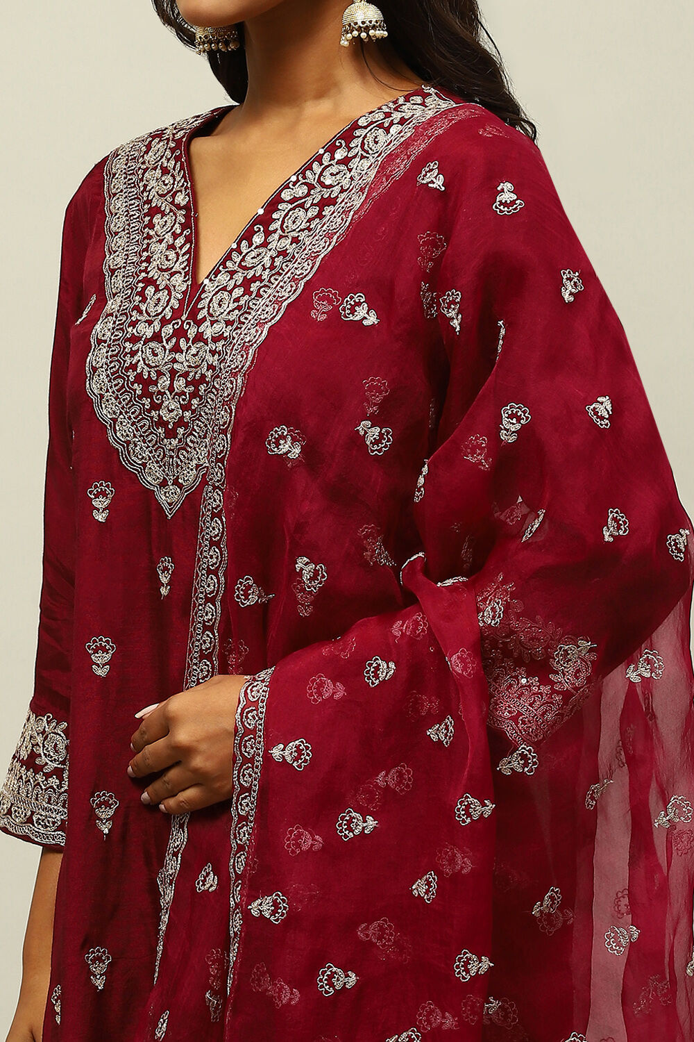 Wine Viscose Shantoon Straight Embroidered Kurta Palazzo Suit Set image number 7