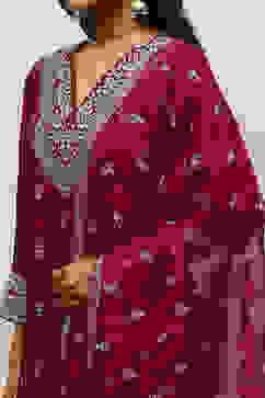 Wine Viscose Shantoon Straight Embroidered Kurta Palazzo Suit Set image number 7