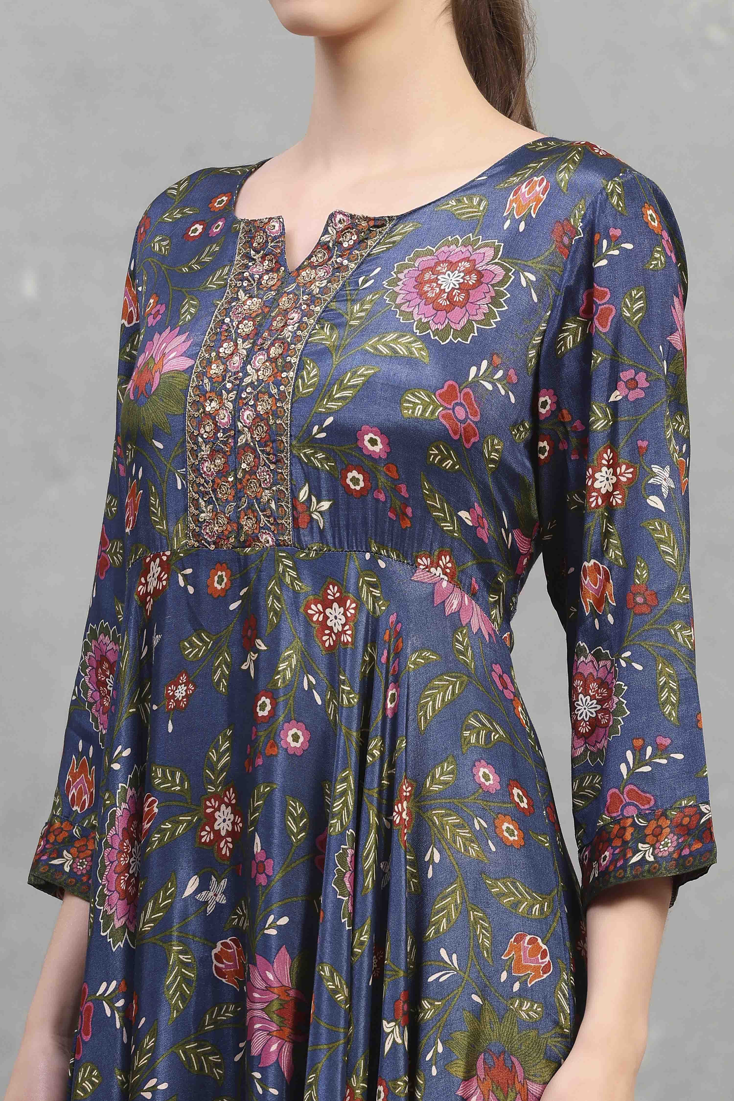 Blue Viscose Rayon Printed Flared Dress image number 1