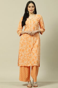 Orange LIVA Woven Straight Kurta Suit Set image number 6