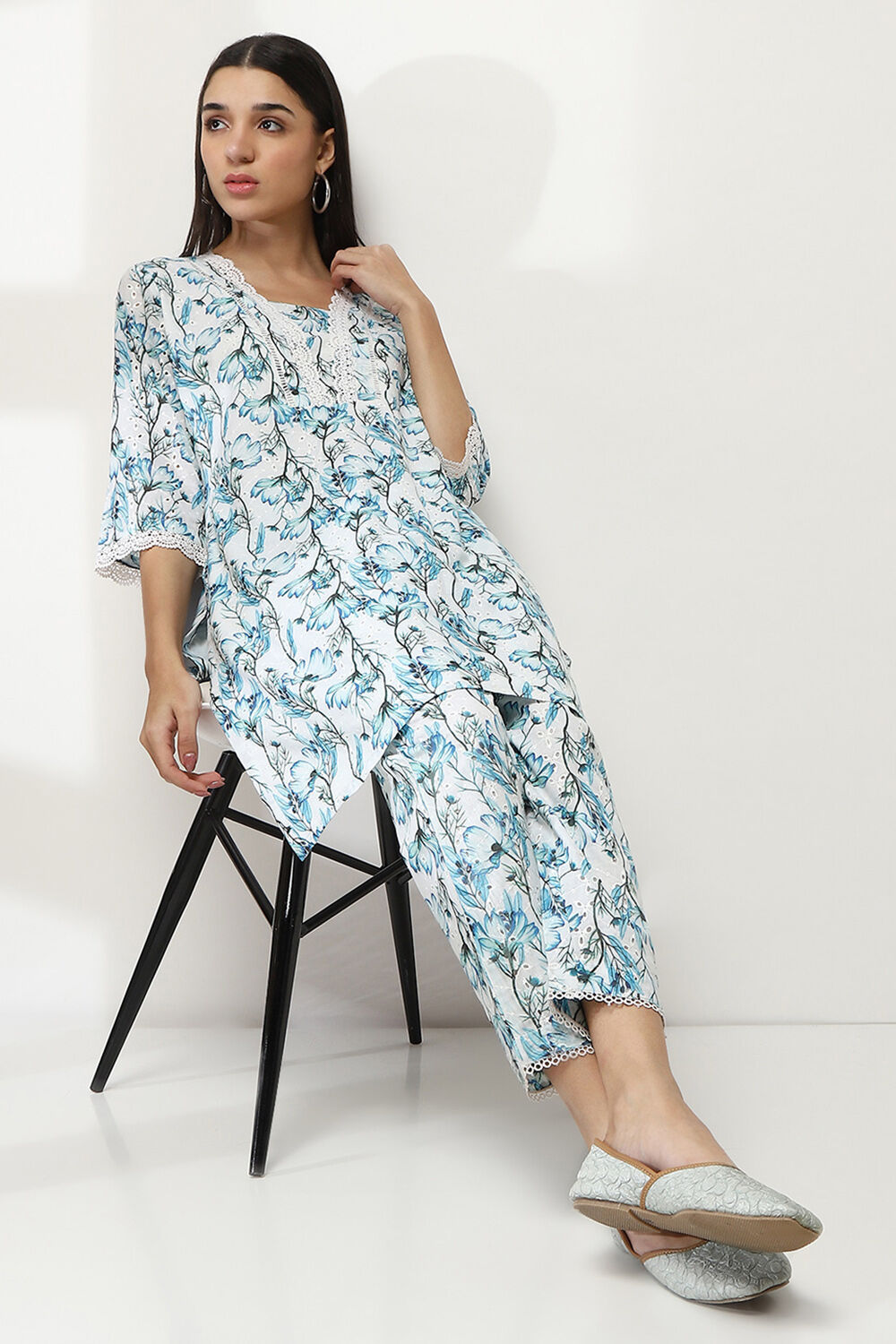 White and Blue Cotton Straight Co-ord Set image number 0