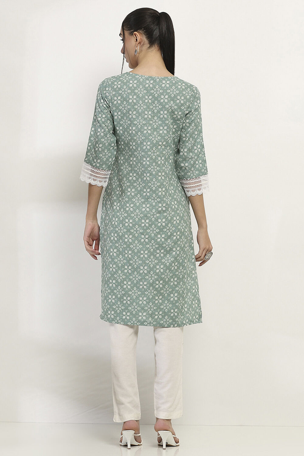 Sage Green Cotton Printed Straight Kurta image number 3