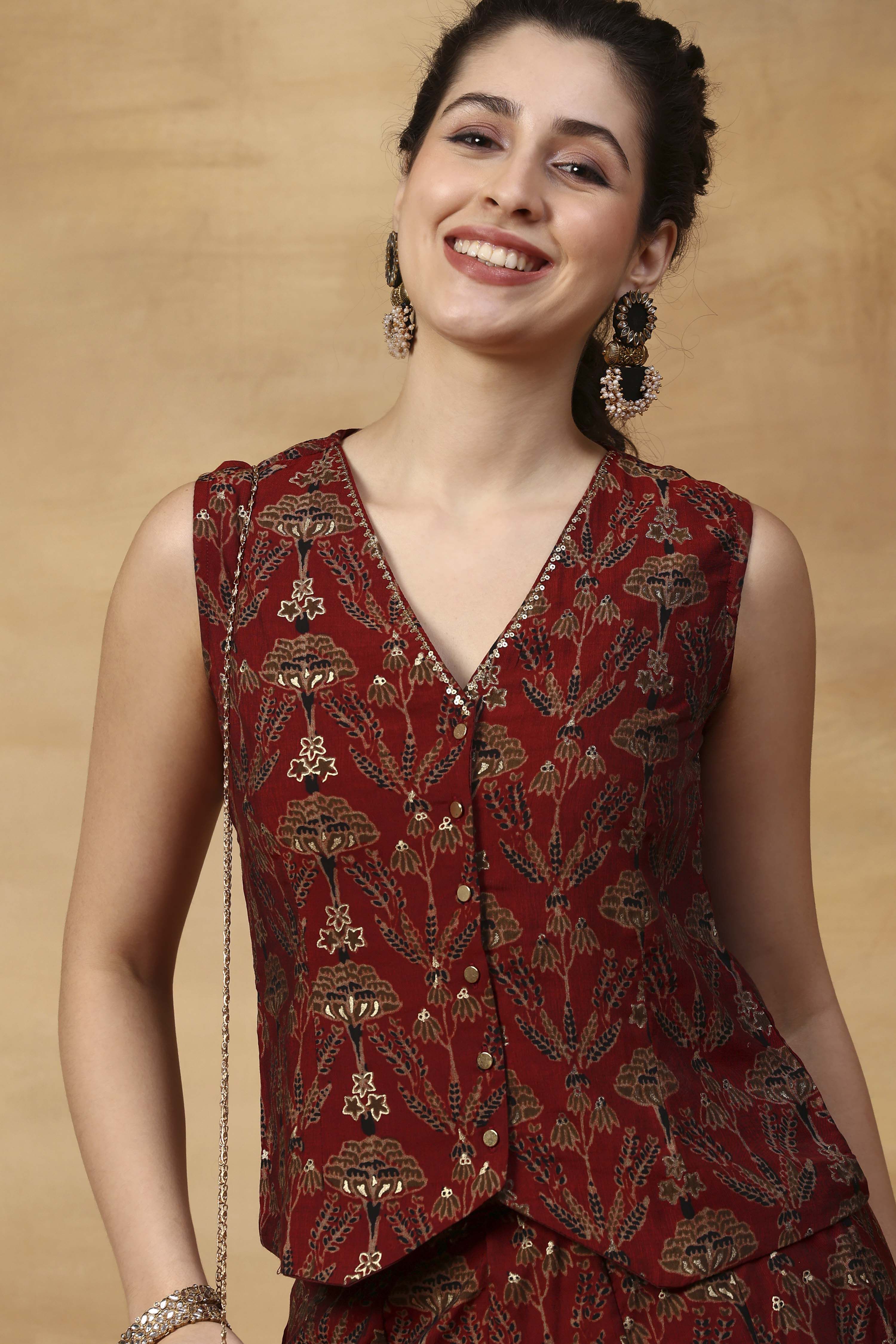 Red Viscose Blend Regular Printed Top Palazzo Set image number 1