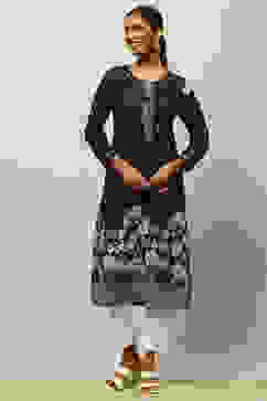Black Rayon Printed Straight Kurta image number 0
