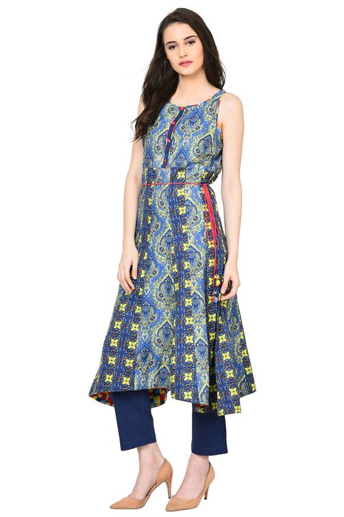 Indigo Kalidar Polyester Kurta image number 2