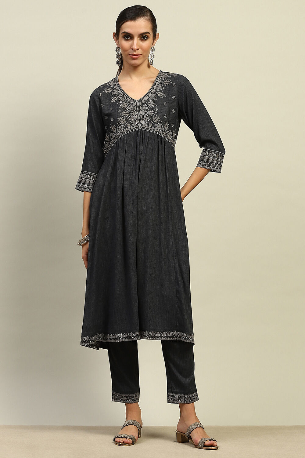 Black Viscose Blend Gathered Embroidered Kurta Palazzo Suit Set image number 0