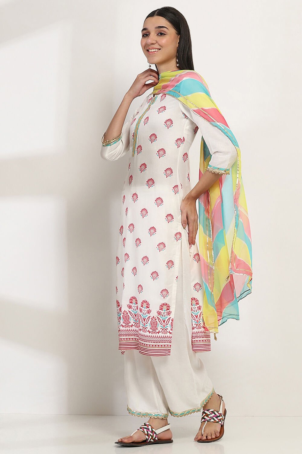 White Printed Straight Suit Set image number 3