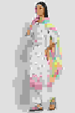 White Printed Straight Suit Set image number 3