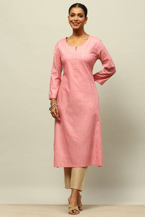 Dusty Pink Rayon Straight Printed Kurta Slim Pants Suit Set image number 0