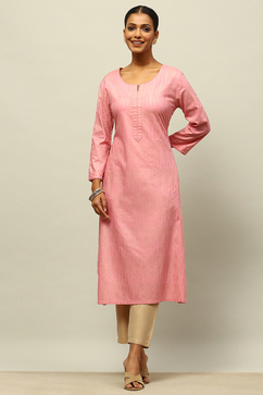 Dusty Pink Rayon Straight Printed Kurta Slim Pants Suit Set image number 0