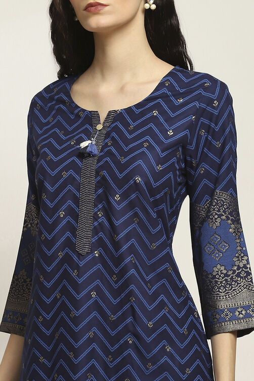 Indigo Viscose Rayon Printed Straight Kurta Pants Set image number 1