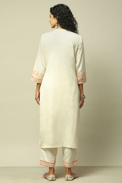 Off White Cotton Blend Straight Yarndyed Kurta Palazzo Suit Set image number 5