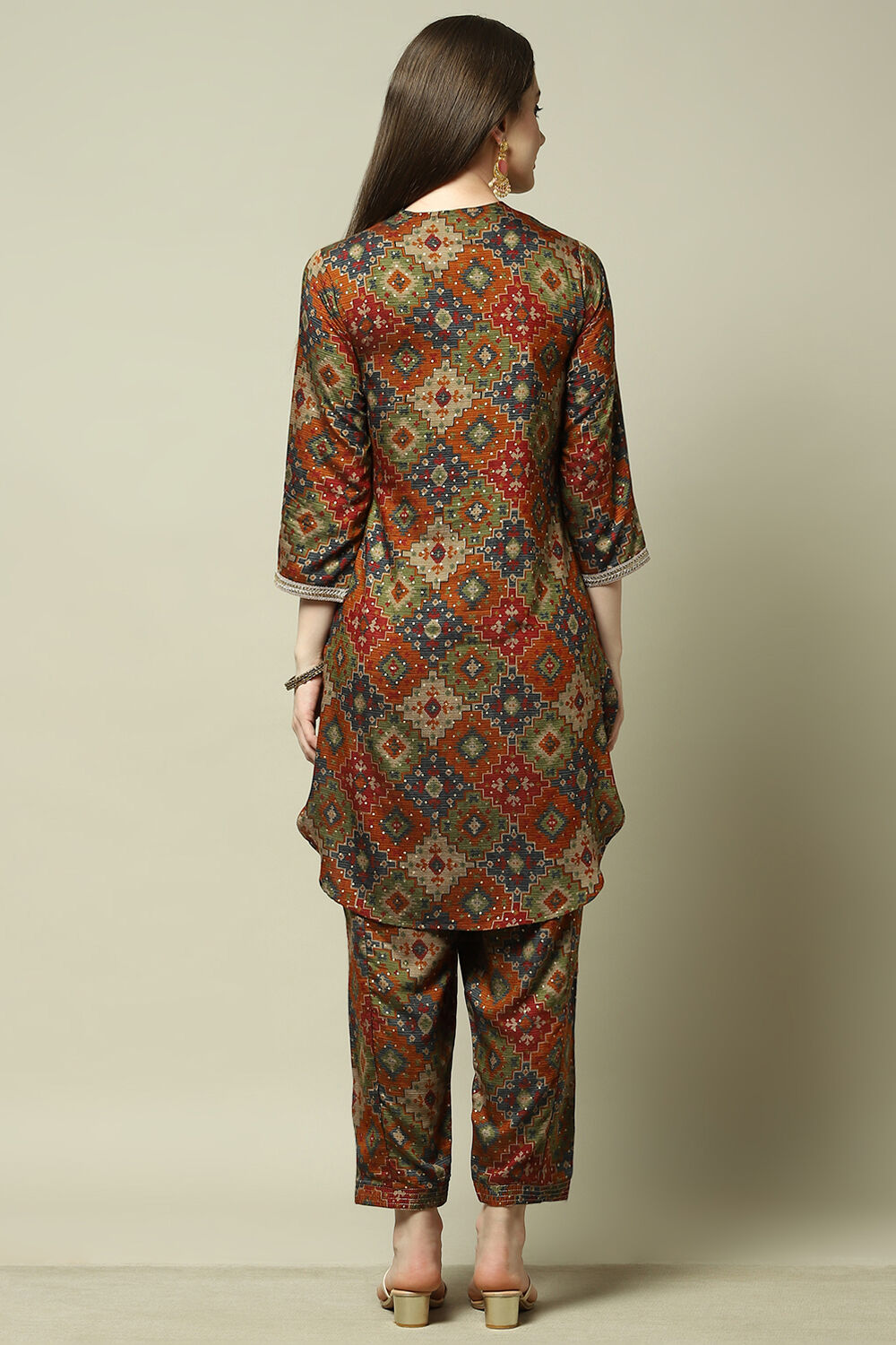 Rust Viscose Blend Printed Straight Co-ord Set image number 4