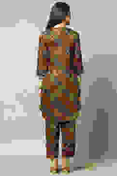 Rust Viscose Blend Printed Straight Co-ord Set image number 4