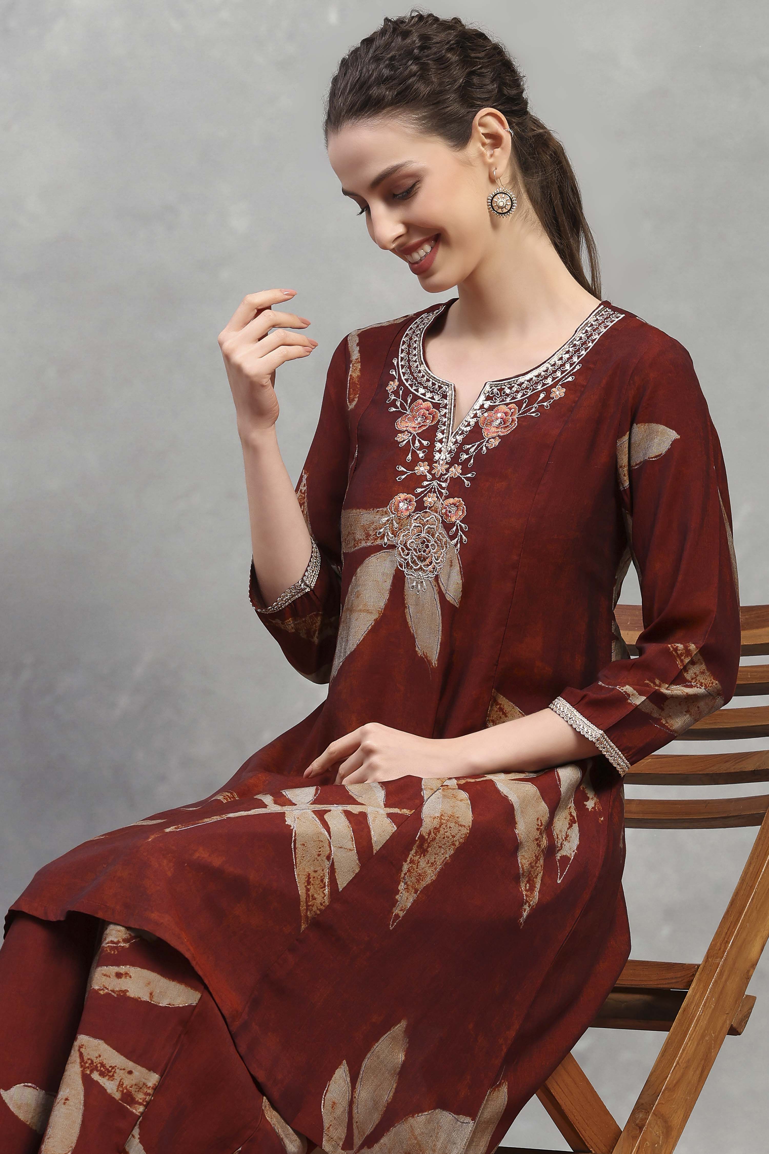 Blue Rust Viscose Blend Printed Kalidar Kurta Pants Set image number 7