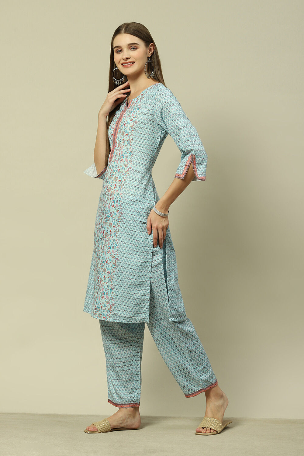 Aqua Blue Viscose Straight Printed Kurta Palazzo Suit Set image number 3
