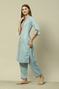 Aqua Blue Viscose Straight Printed Kurta Palazzo Suit Set image number 3