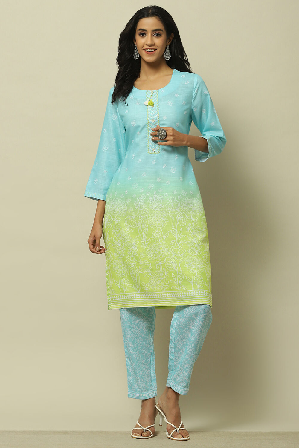 Aqua Blue Green Ombre Printed Straight Kurta Set image number 6