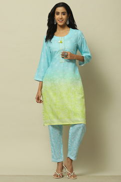 Aqua Blue Green Ombre Printed Straight Kurta Set image number 6