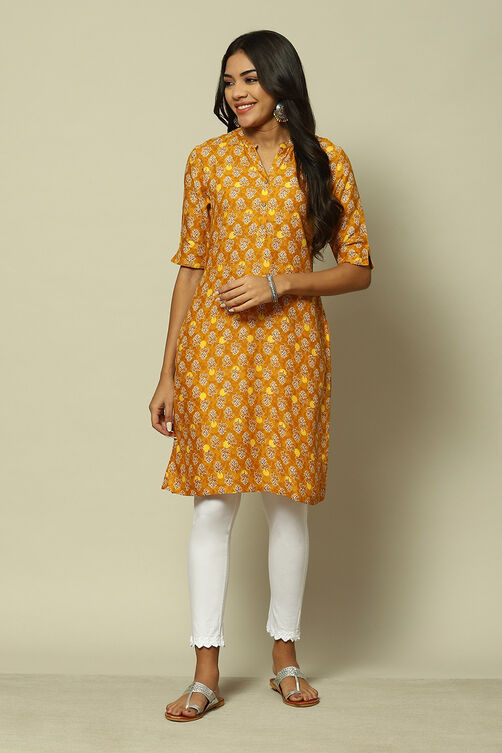 Mustard LIVA Straight Printed Kurta image number 5