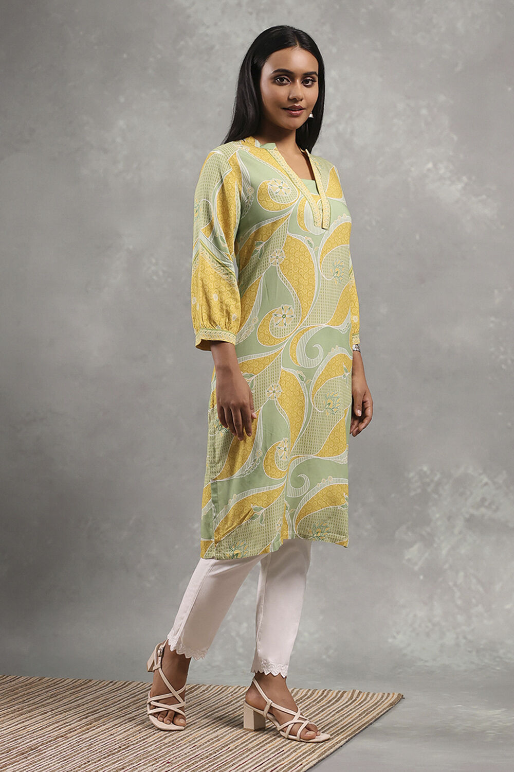 Green and Yellow Printed Straight Kurta image number 4