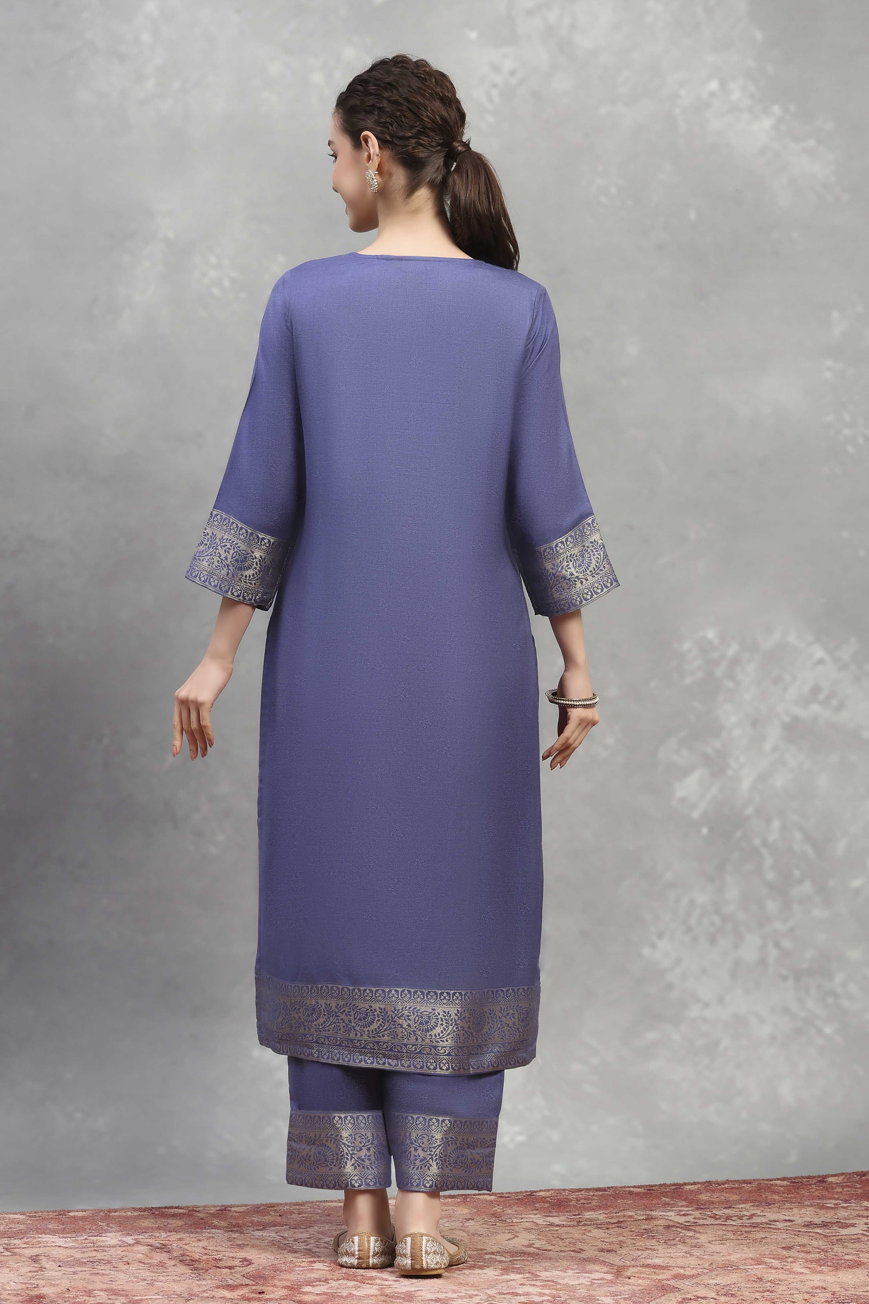 Blue Polyester Yarndyed Straight Suit Set image number 4