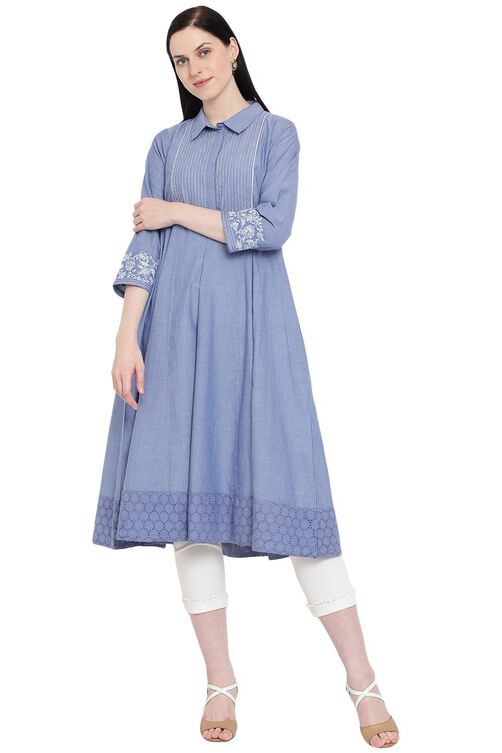 Light-Blue Chambray Kalidar Kurta image number 0