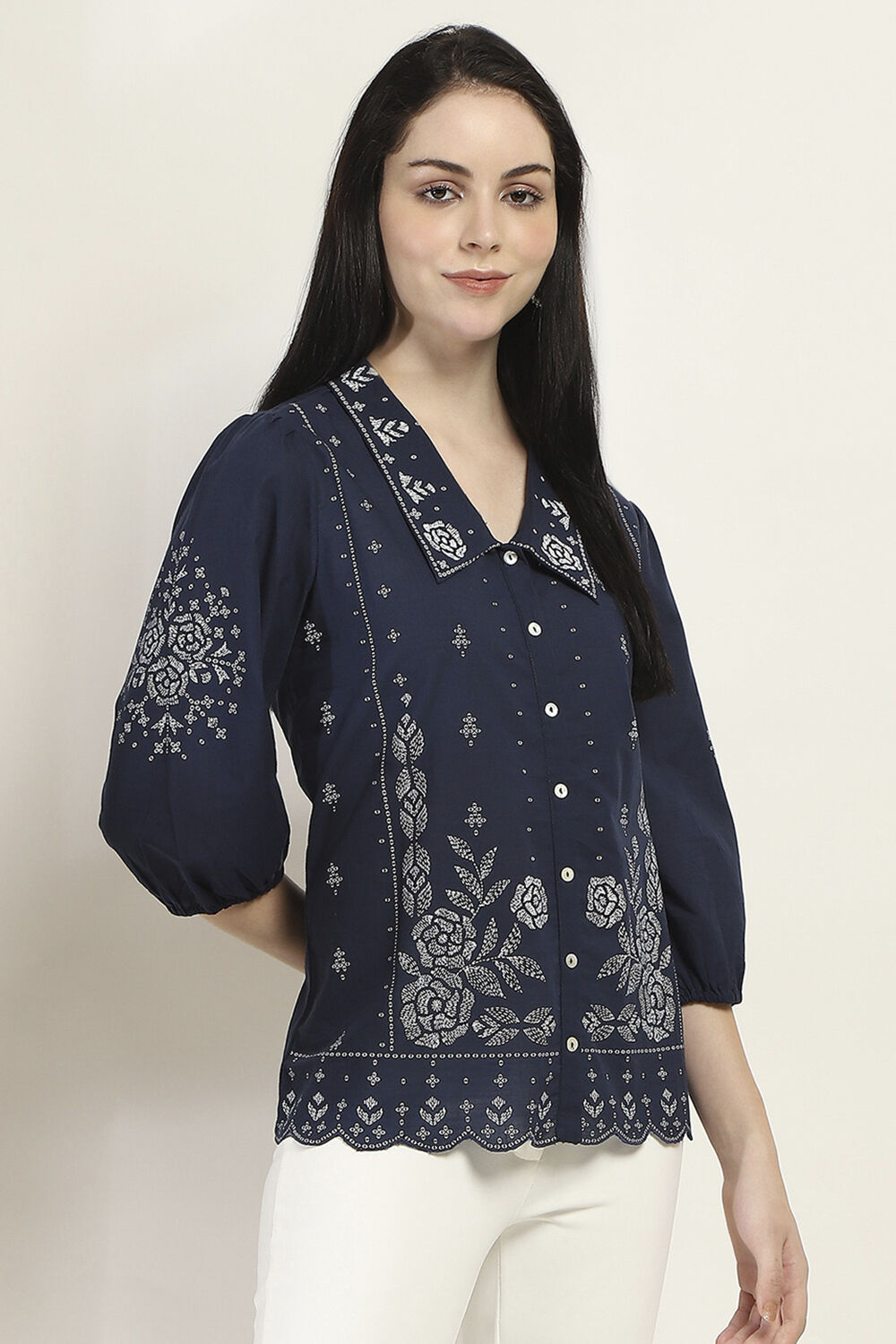 Navy Blue Printed Straight Shirt-Style Indie Top image number 4