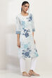 Off-White and Green Cotton Straight Kurta image number 4