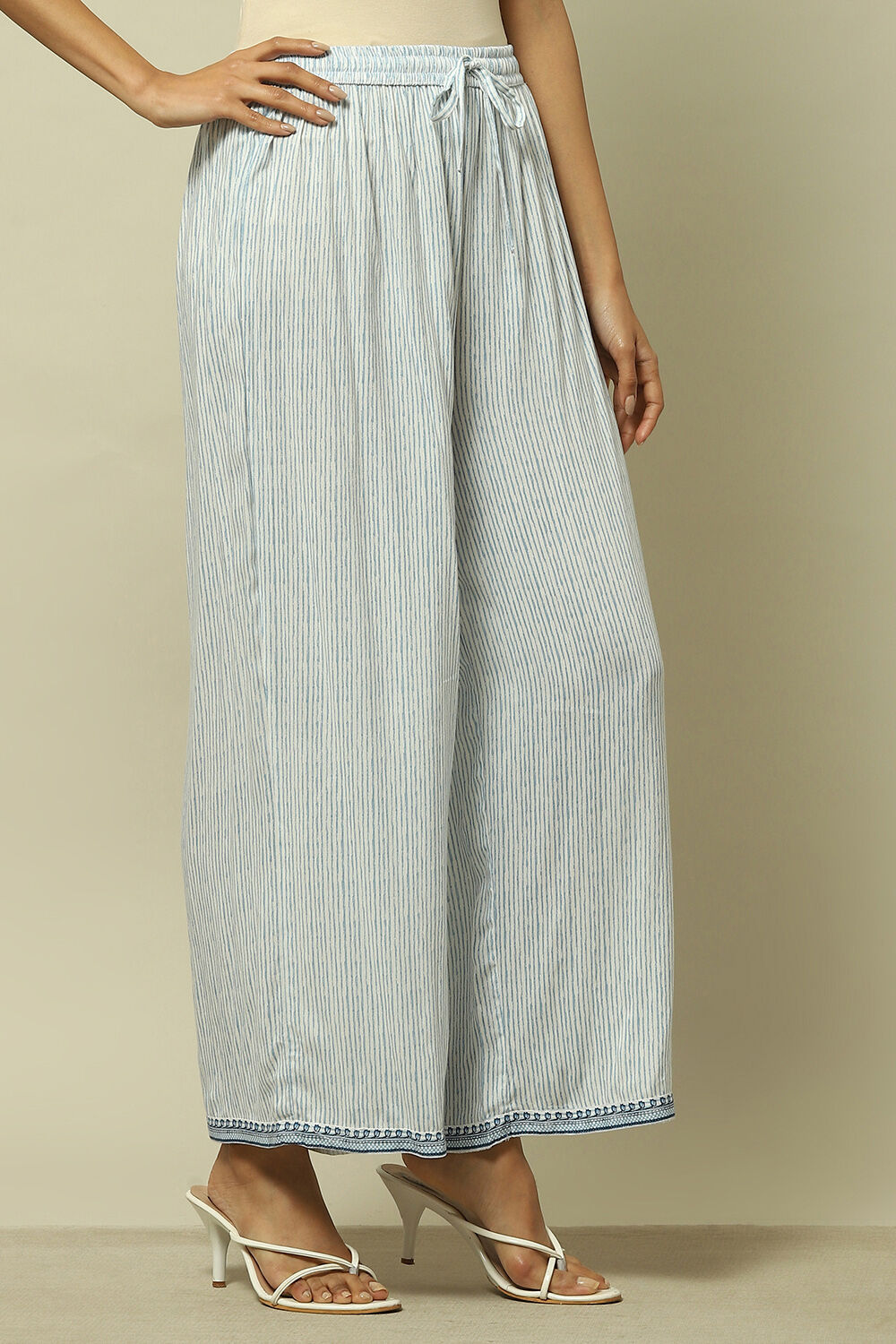 White and Blue Viscose Striped Straight Fit Palazzo image number 3