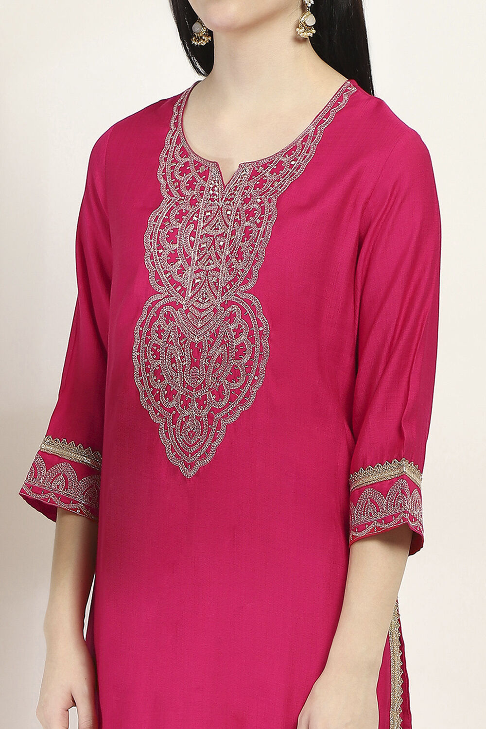 Lime Green Viscose Blend Embroidered Straight Suit Set image number 1