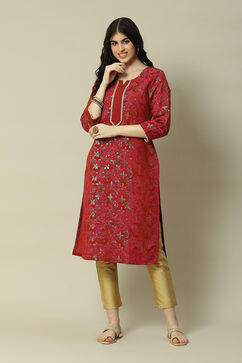 Red LIVA Straight Printed Kurta image number 0