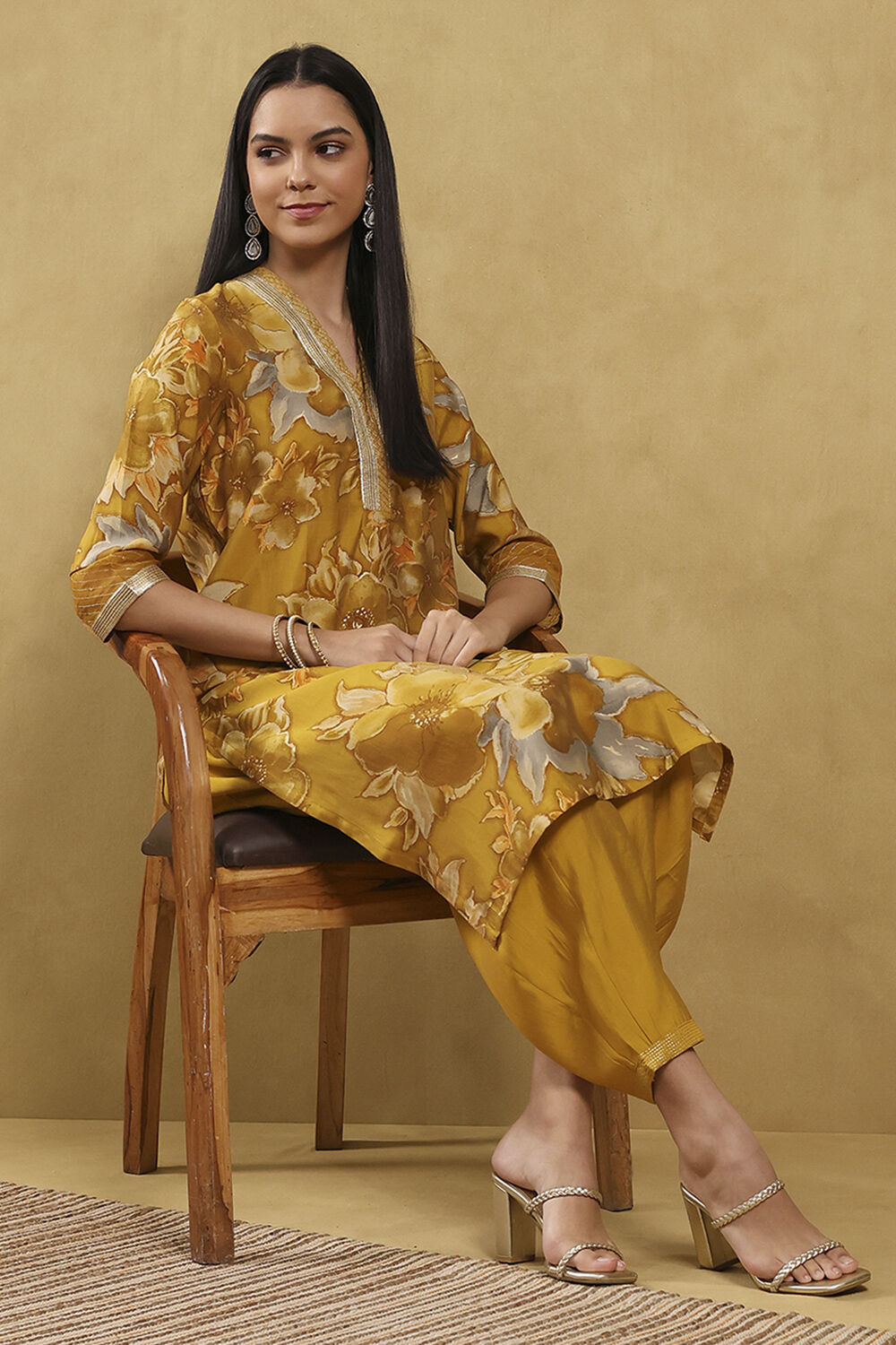 Mustard Viscose Blend Printed Straight Suit Set image number 0