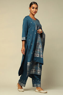 Petrol Blue Acrylic Straight Yarn Dyed Kurta Palazzo Suit Set image number 5