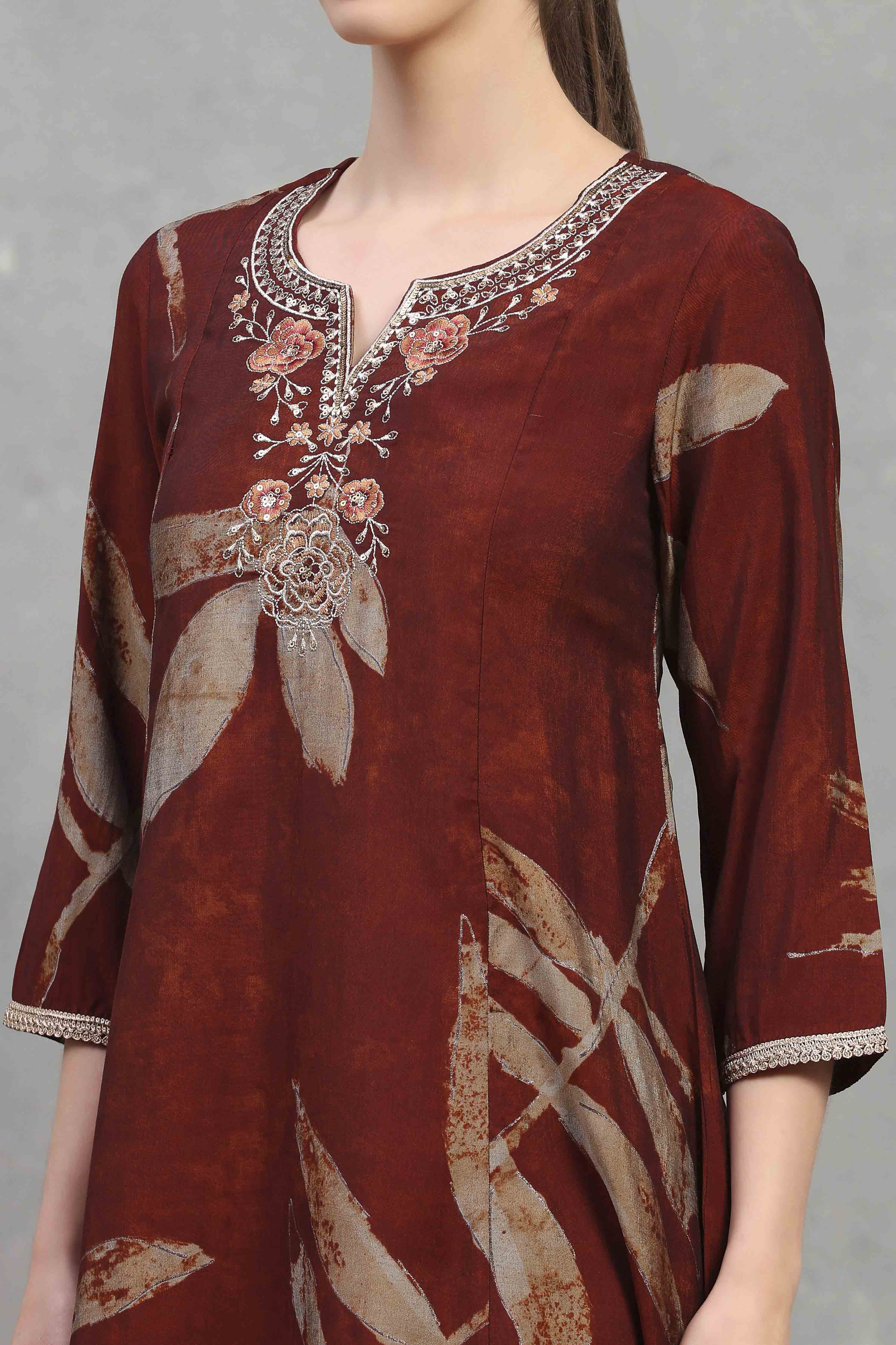 Blue Rust Viscose Blend Printed Kalidar Kurta Pants Set image number 1