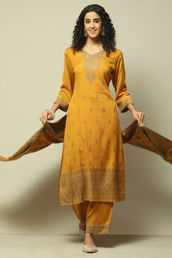 Mustard Poly Viscose Straight Yarndyed Kurta Palazzo Suit Set image number 0