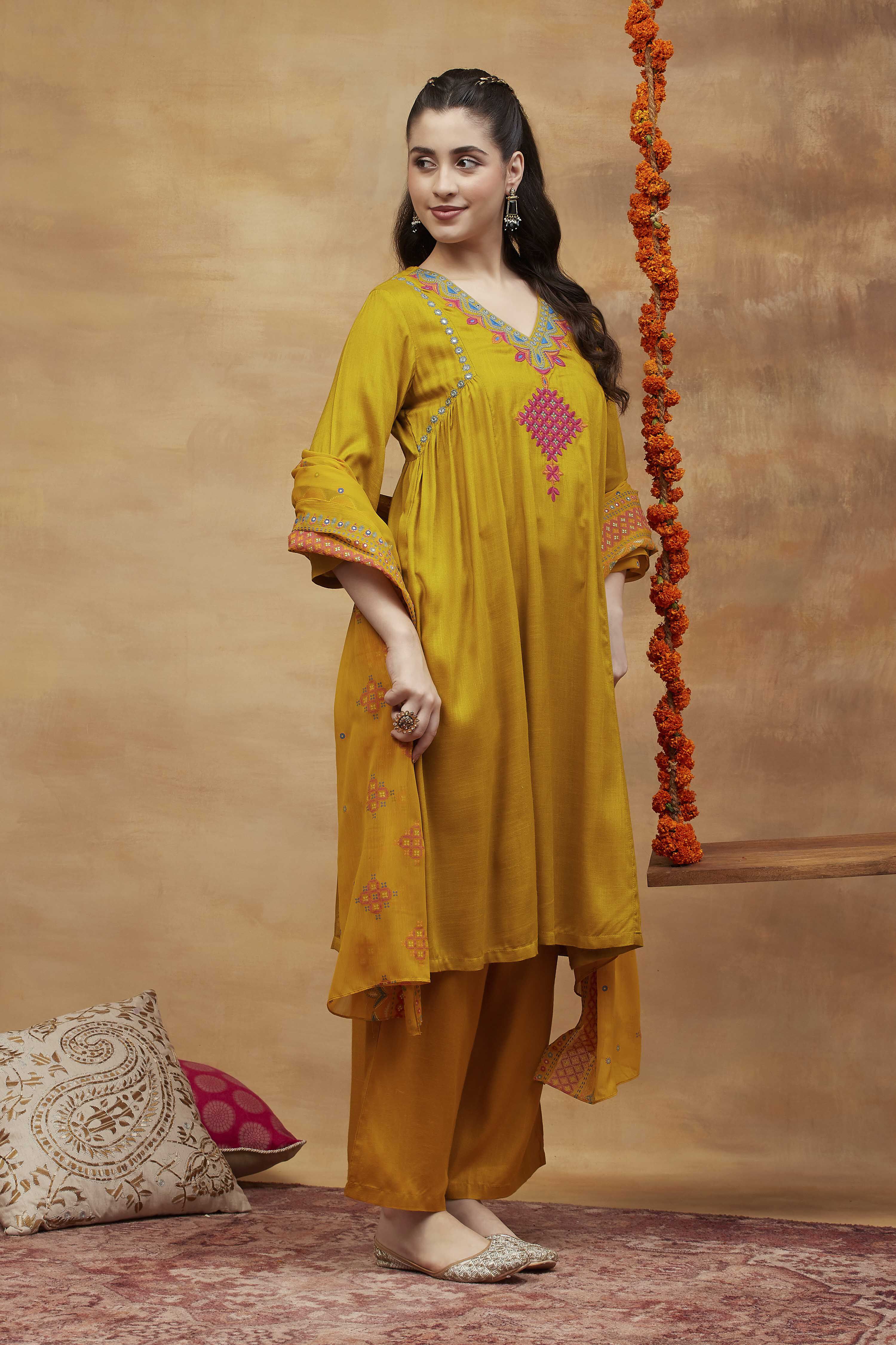 Yellow Viscose Rayon A-Line Solid  image number 4