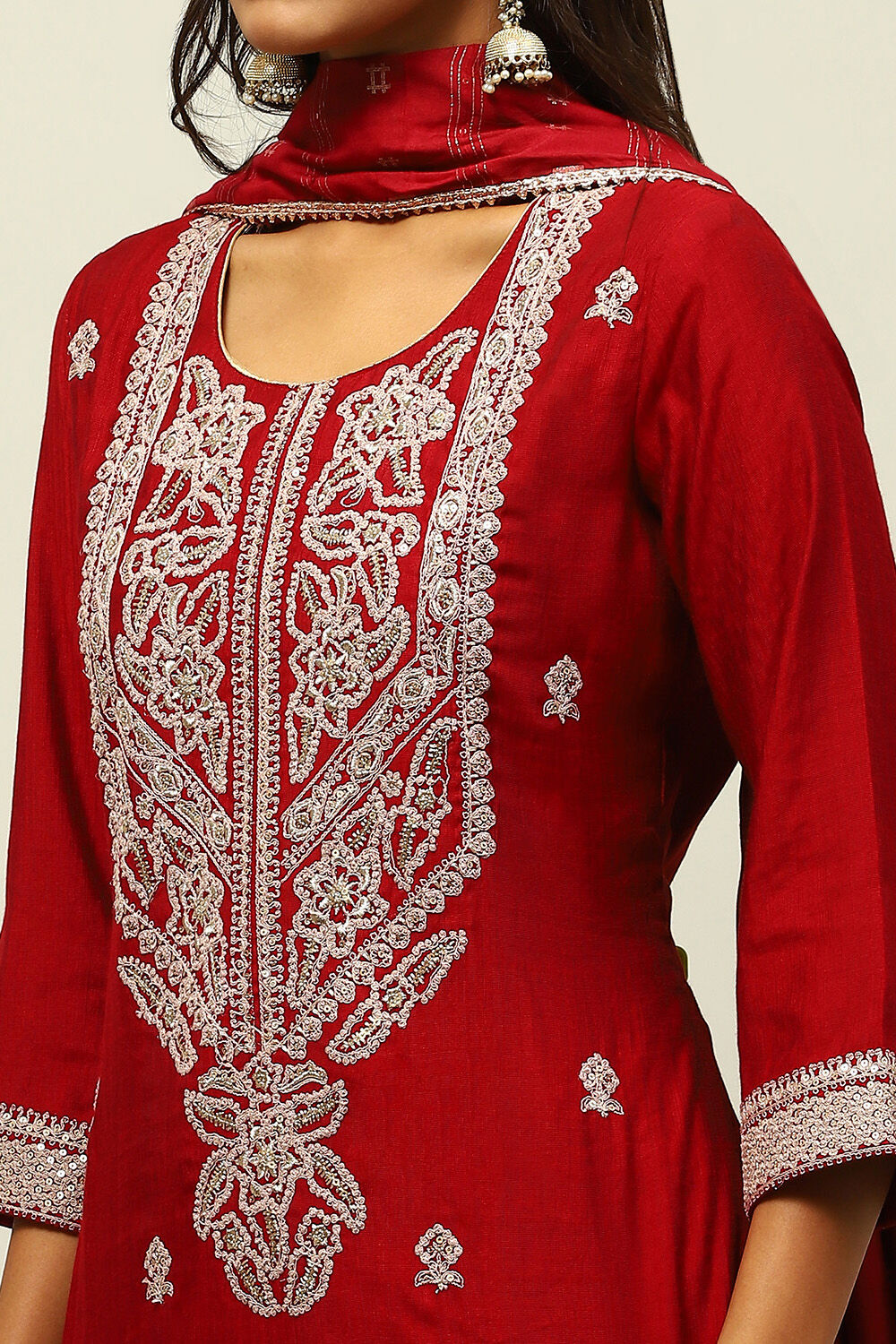 Maroon Viscose Blend Straight Embroidered Kurta Palazzo Suit Set image number 7