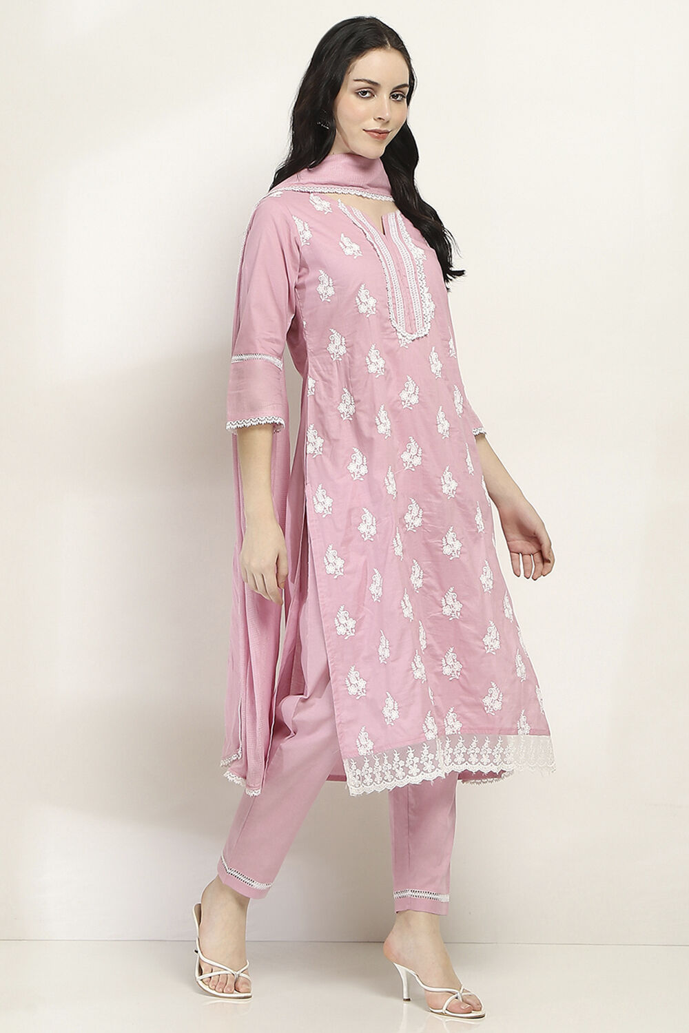 Lilac Cotton Embroidered Straight Suit Set image number 5