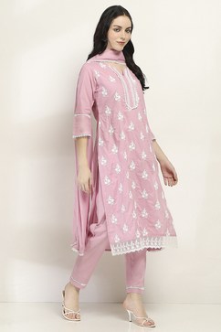 Lilac Cotton Embroidered Straight Suit Set image number 5
