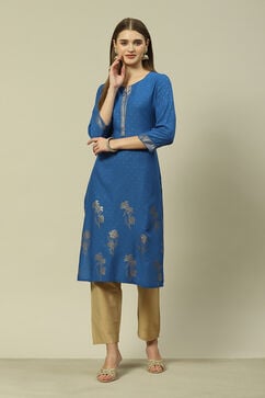 Blue LIVA Straight Printed Kurta image number 5