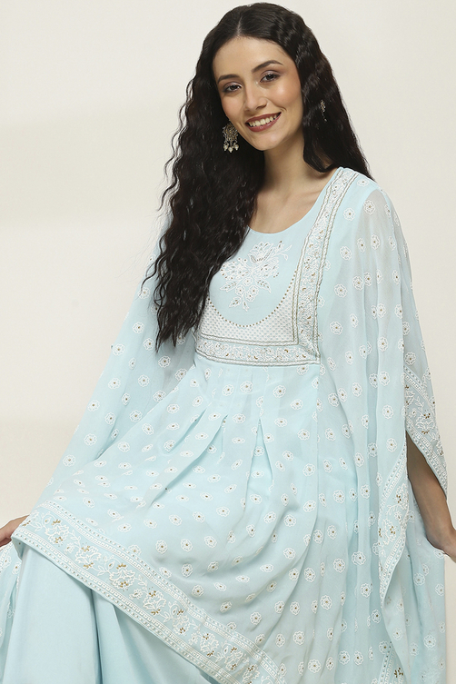 Aqua Printed Kaftan-Style Flared Kurta Set image number 7