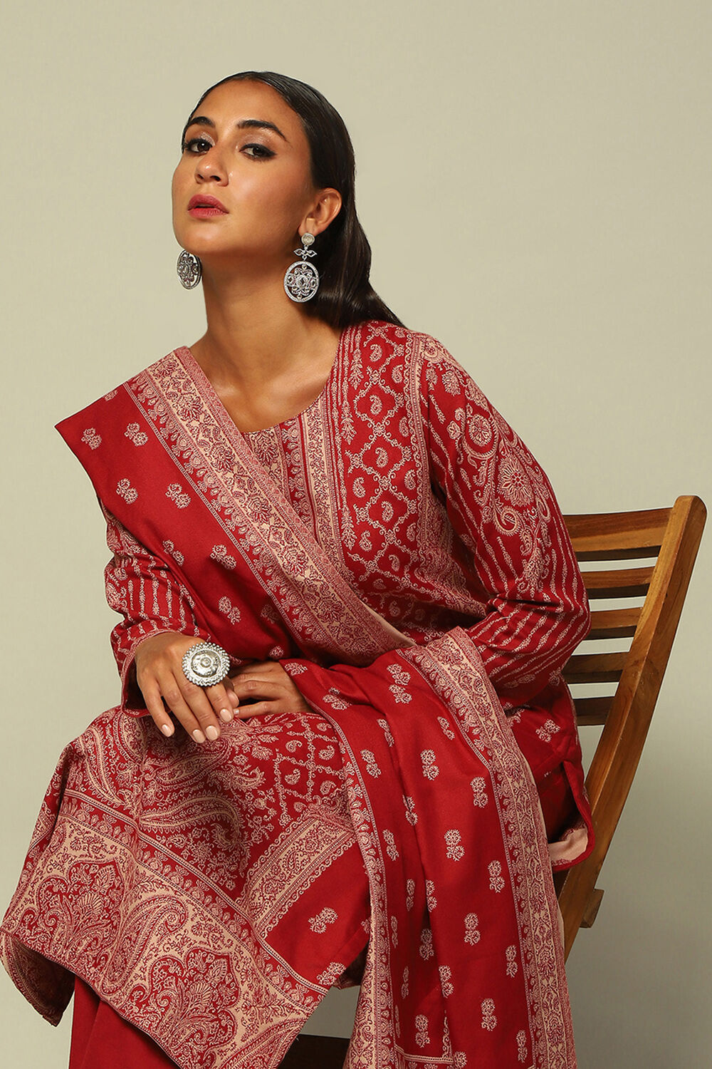 Red Acrylic Straight Yarn Dyed Kurta Palazzo Suit Set image number 7