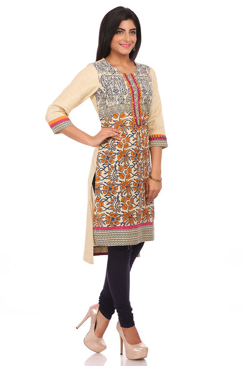 Beige Cotton Asymmetric Kurta image number 2