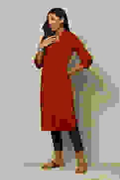 Maroon Polyester Straight Yarndyed Kurta image number 2