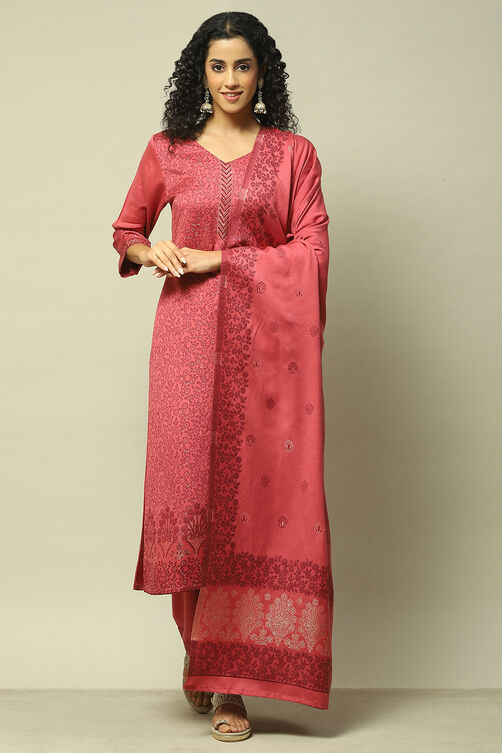 Maroon Poly Viscose Straight Yarndyed Kurta Palazzo Suit Set image number 7