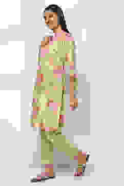 Green Cotton Printed Straight Kurta Set image number 3