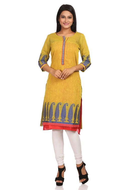Lime Green Straight Cotton Kurta image number 0