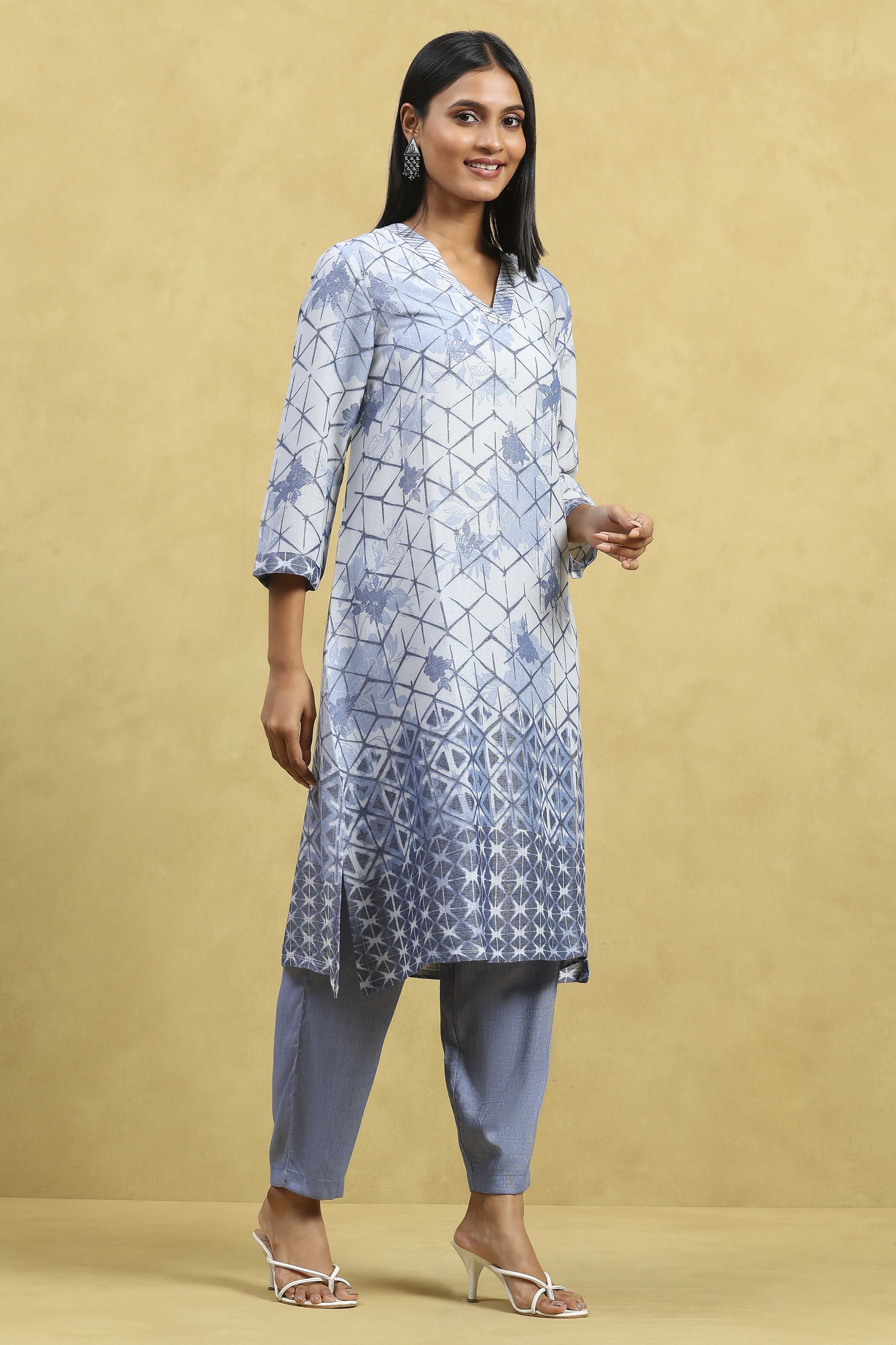 Blue Viscose Blend Printed A-Line Kurta Pants Set image number 5